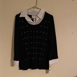 Alfred Dunner Black Sweater with faux White Blouse Accent